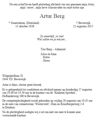 Artur Berg | 13/10/1938 - 22/08/2015